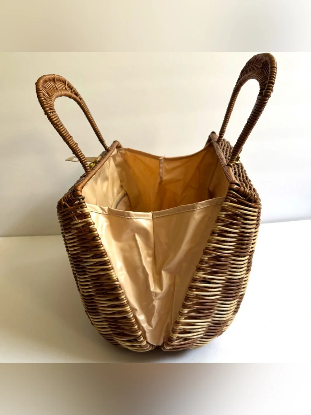 Vtg Checkered Wicker Handbag Purse Basket Bag Turn Lock Boho Cottagecore Coastal - Picture 7 of 16